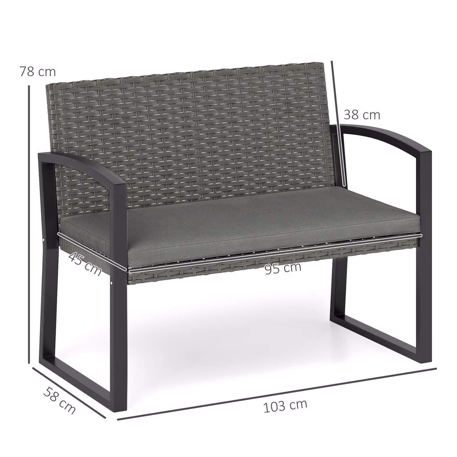 Outsunny Two-Seater Rattan Garden Bench with Armrests and Cushions in Grey and Black – 3