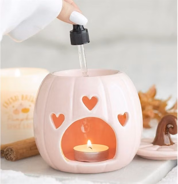Gloriously Good Pink Ceramic Curly Pumpkin Oil Burner with Heart Design for Tealights