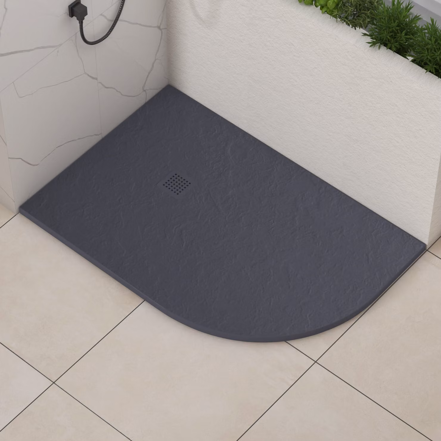 Luxor Offset Quadrant Stone Shower Tray in Grey Slate Effect with Grey Grate, Right Handed, W/D/H: 120 x 80 x 3 cm