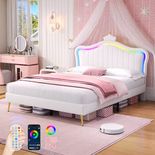 Rolipo Double Upholstered Bed Frame with LED Crown Headboard in White