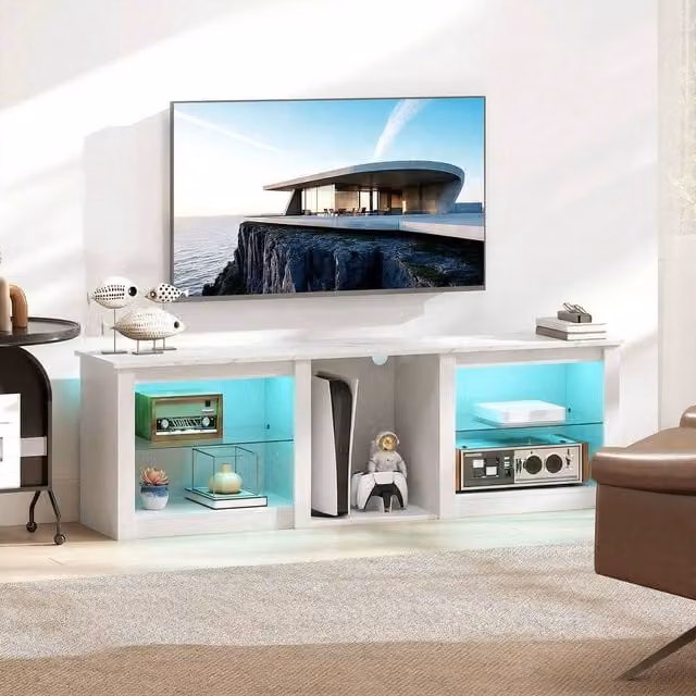 HOMCOM Modern White TV Unit with Integrated LED Lighting and Glass Details