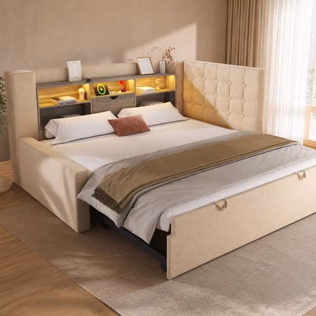 STILVORA Beige Upholstered Single Day Bed with Storage, LED Lighting and USB Charging Ports, W/D/H: 90 x 190 cm