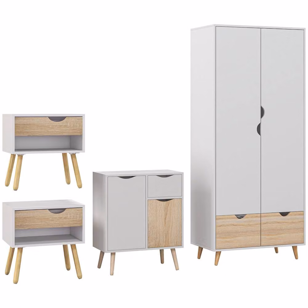 HOMCOM Wardrobe with Hanging Rail and Bedside Tables with Storage in Sand and White – 2