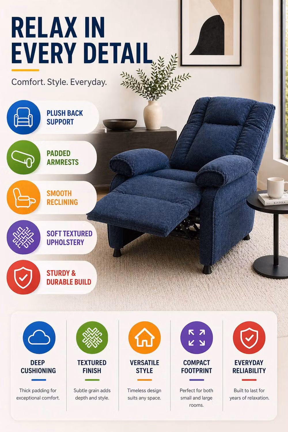 Groundlevel Modern Electric Recliner Chair in Navy Blue Fabric – 4