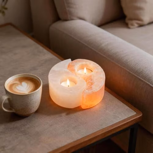 Myga Yin & Yang Himalayan Salt Tealight Holder in Pink, White and Orange – 2