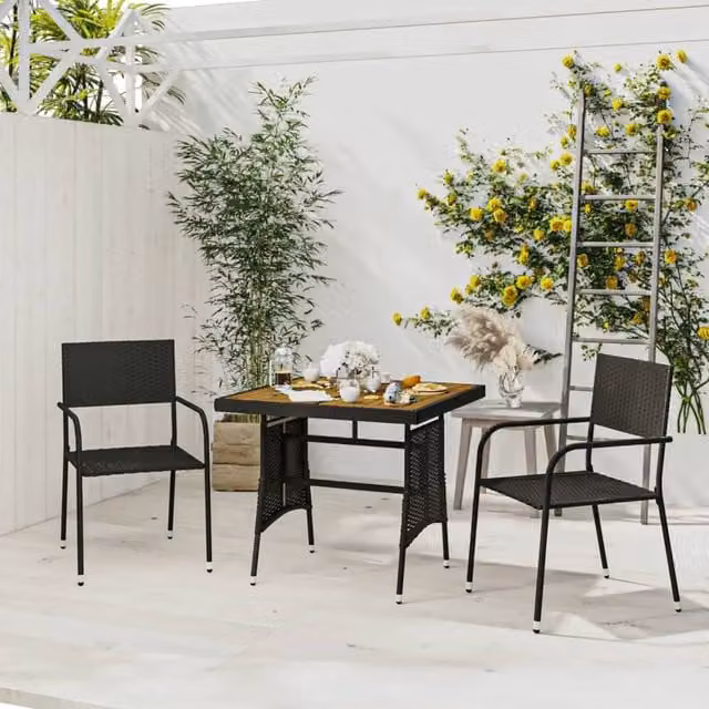 Berkfield Home 3 Piece Black Poly Rattan Outdoor Dining Set with Acacia Wood Table and Chairs