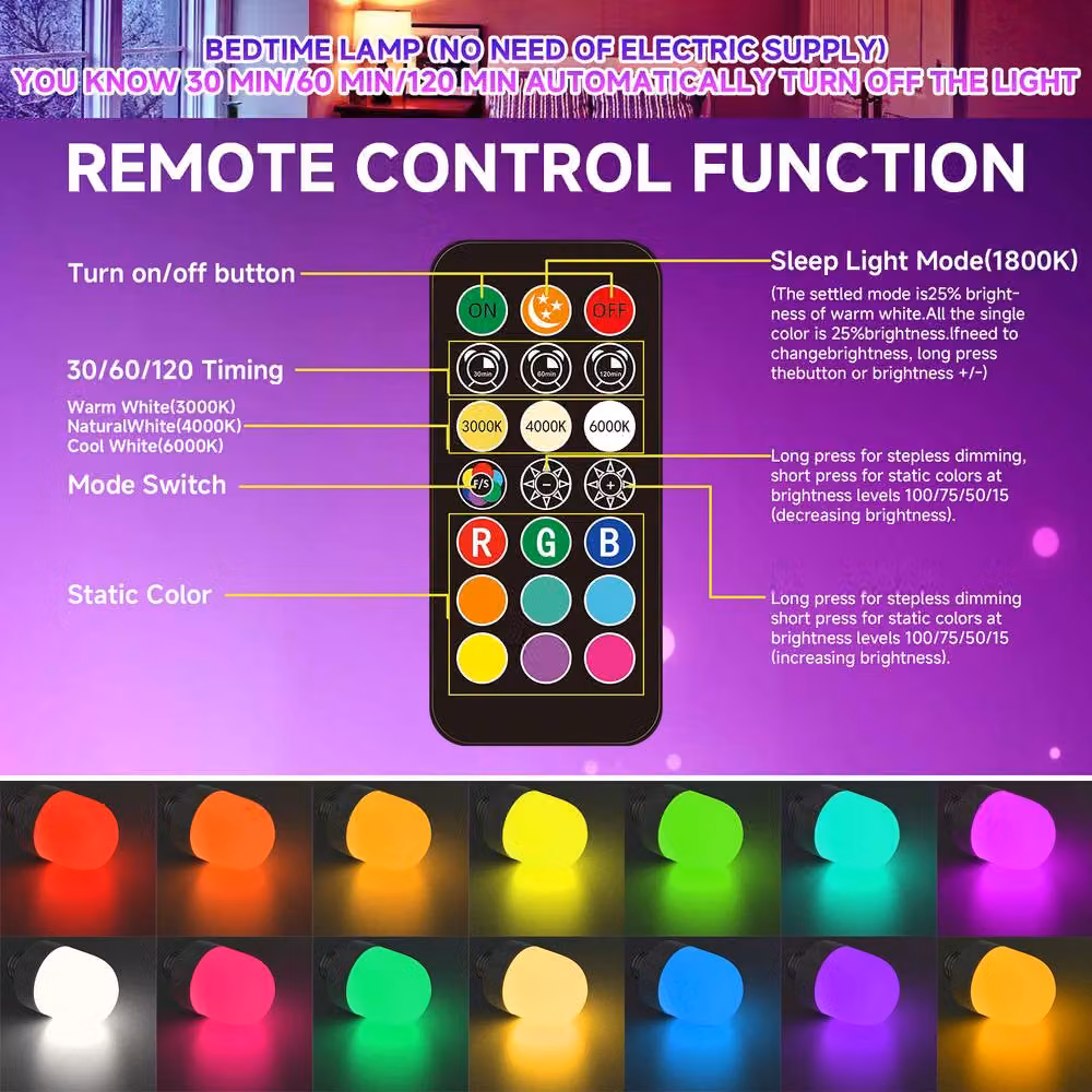Harper Living USB Rechargeable RGBW LED Bulbs with Remote, E27 Screw and Magnetic, Dimmable 9 Colour Night Lights with Timer, Set of 2, White and Multicolour – 3