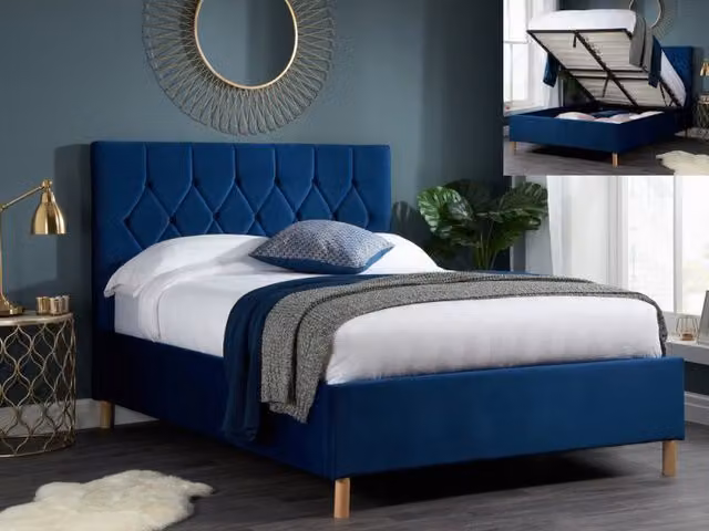 Birlea Loxley Velvet Fabric Ottoman Bed Frame in Blue, King Size (180 x 200 cm)