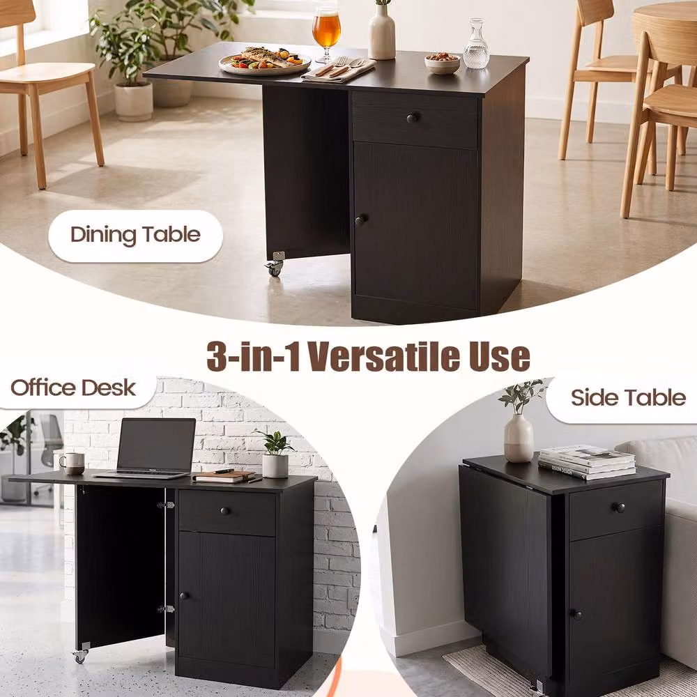 Costway Modern Black Folding Dining Table with Butterfly Drop Leaf and Drawer – 7