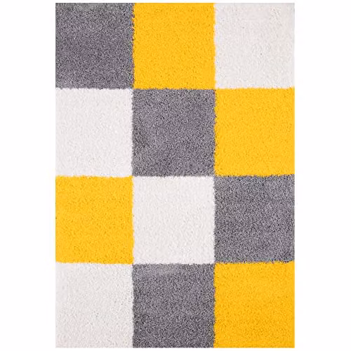THE RUGS Modern Checked Shaggy Area Rug in Yellow and Grey, W/D/H: 170 x 120 x 3 cm – 4