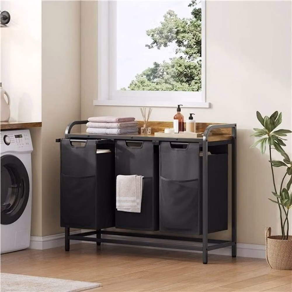 KORVIXA 3-Compartment Laundry Hamper with Removable Bags, Black, H 100 cm x W 15 cm x D 15 cm – 3
