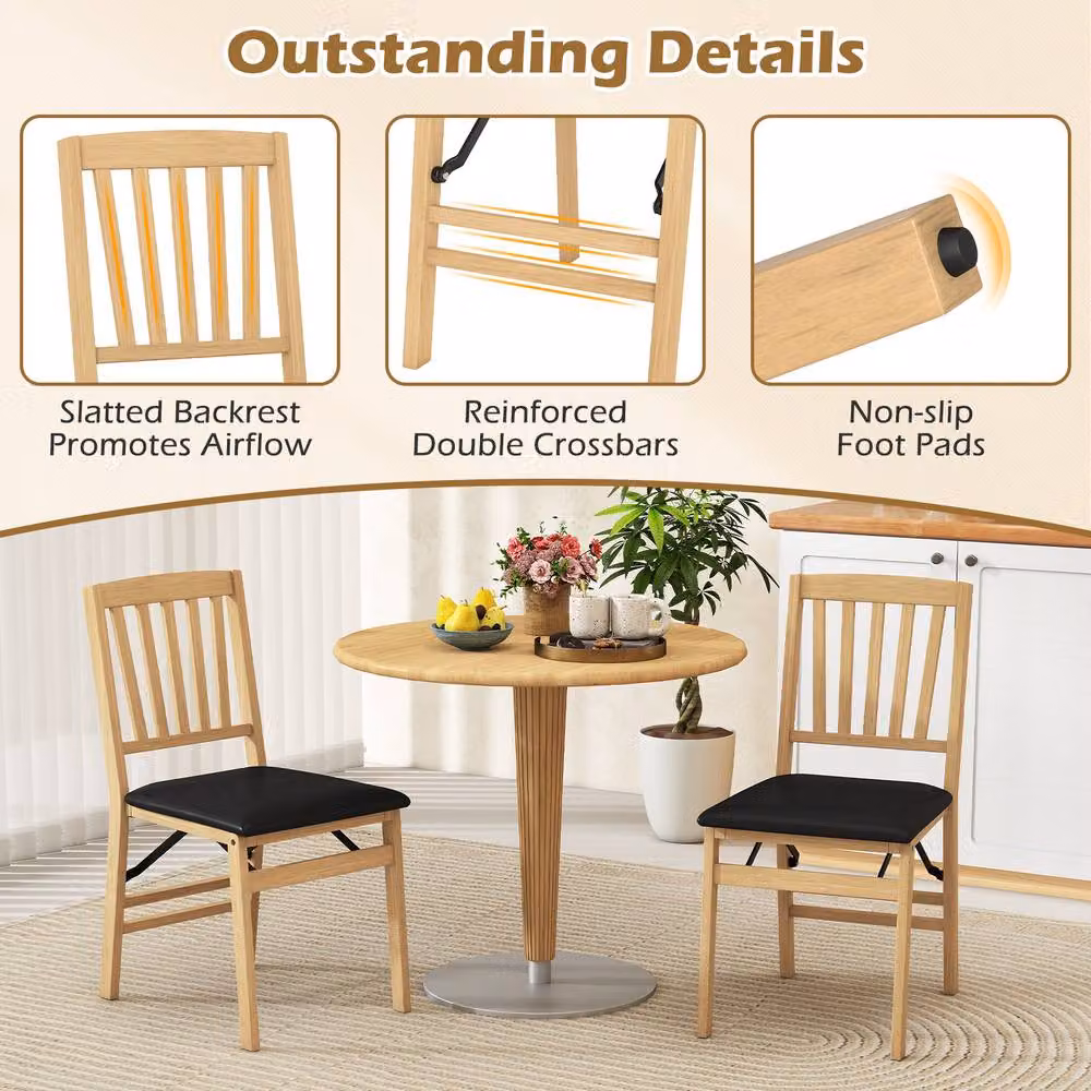 Costway Set of 2 Black Folding Armless Dining Chairs with Padded Synthetic Leather Seats – 3
