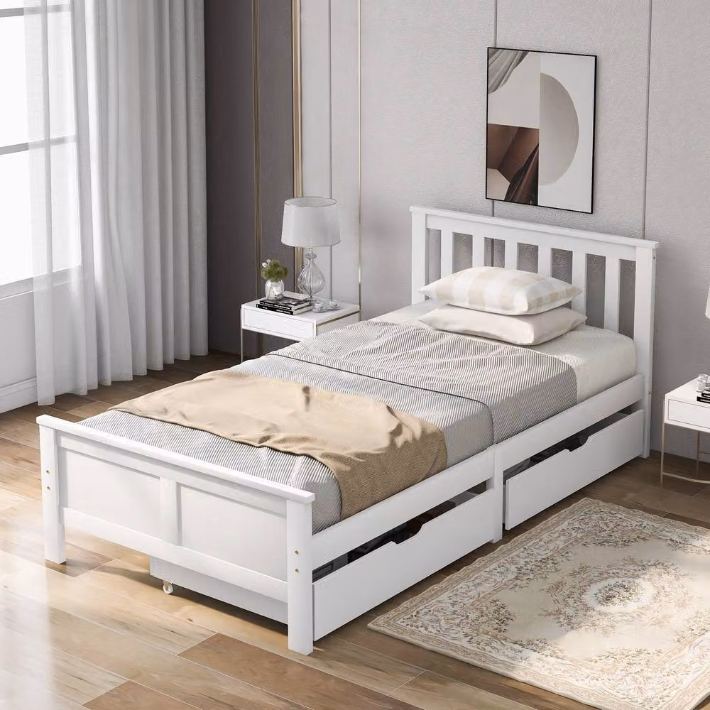 STILVORA Single Bed Frame with Storage Drawers, White, W/D/H: 90 x 190 cm – 3