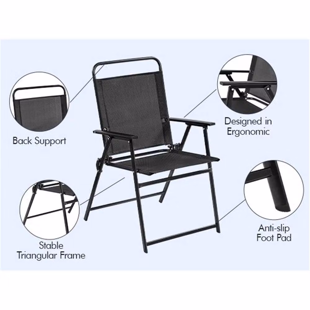 Kelvenix Set of 2 Black Foldable Outdoor Dining Chairs with Texteline and Metal Frame – 5