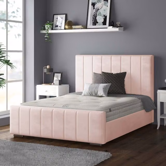 IH Design Modern Striped Pink Plush Velvet Upholstered Bed Frame, W: 90 cm, L: 200 cm
