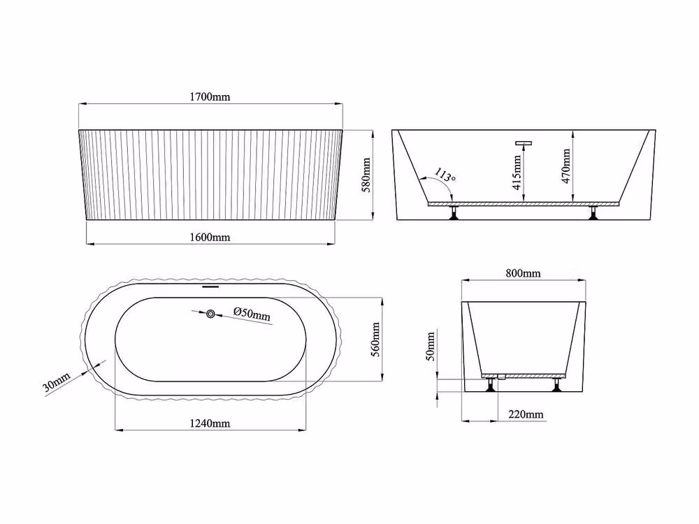 Vente-unique Ribbed Acrylic Oval Freestanding Bathtub in Matte Black, W/D/H: 170 x 80 x 58 cm – 3
