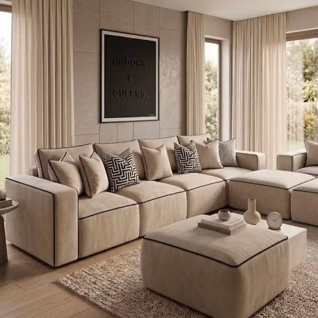 Stratus Interiors Sloane 2-Tone Modular Corner Sofa in Beige with Custom Contrast Piping and Scatter Cushions – 1