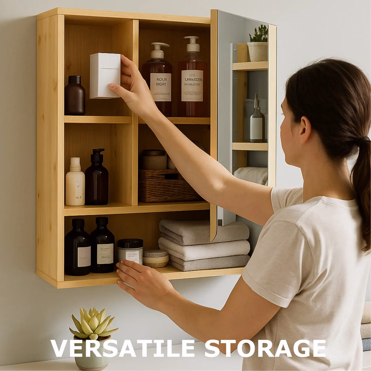 FURNOS Bamboo Wooden Wall Mounted Bathroom and Kitchen Storage Cabinet with Mirror and Soft Close Hinged Doors in Brown – 6