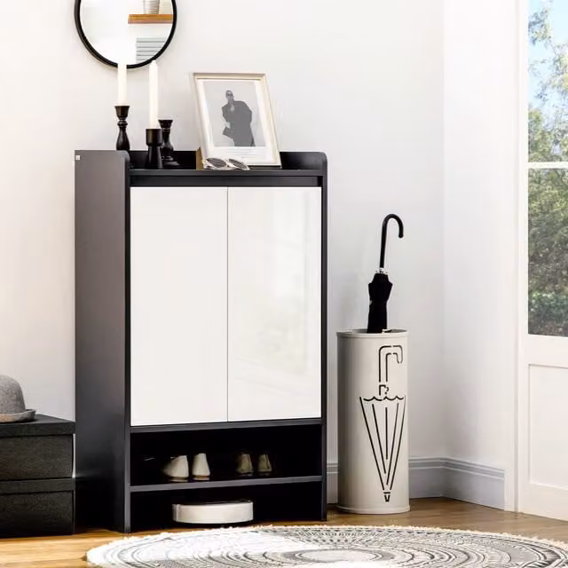 HOMCOM Modern Freestanding Shoe Cabinet with High Gloss White Hinged Doors and Grey Finish