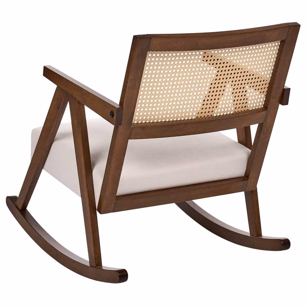 Wyld and Coco Vienna Backrest Rocking Armchair in Brown and Beige Fabric with Solid Rubberwood Frame – 3