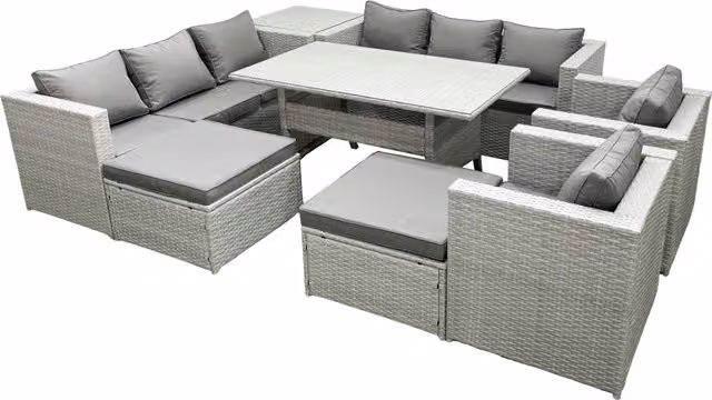 Fimous 8 Seater Rattan Garden Furniture Set with Dining Table, 2 Chairs, Side Table and 2 Footstools in Light Grey