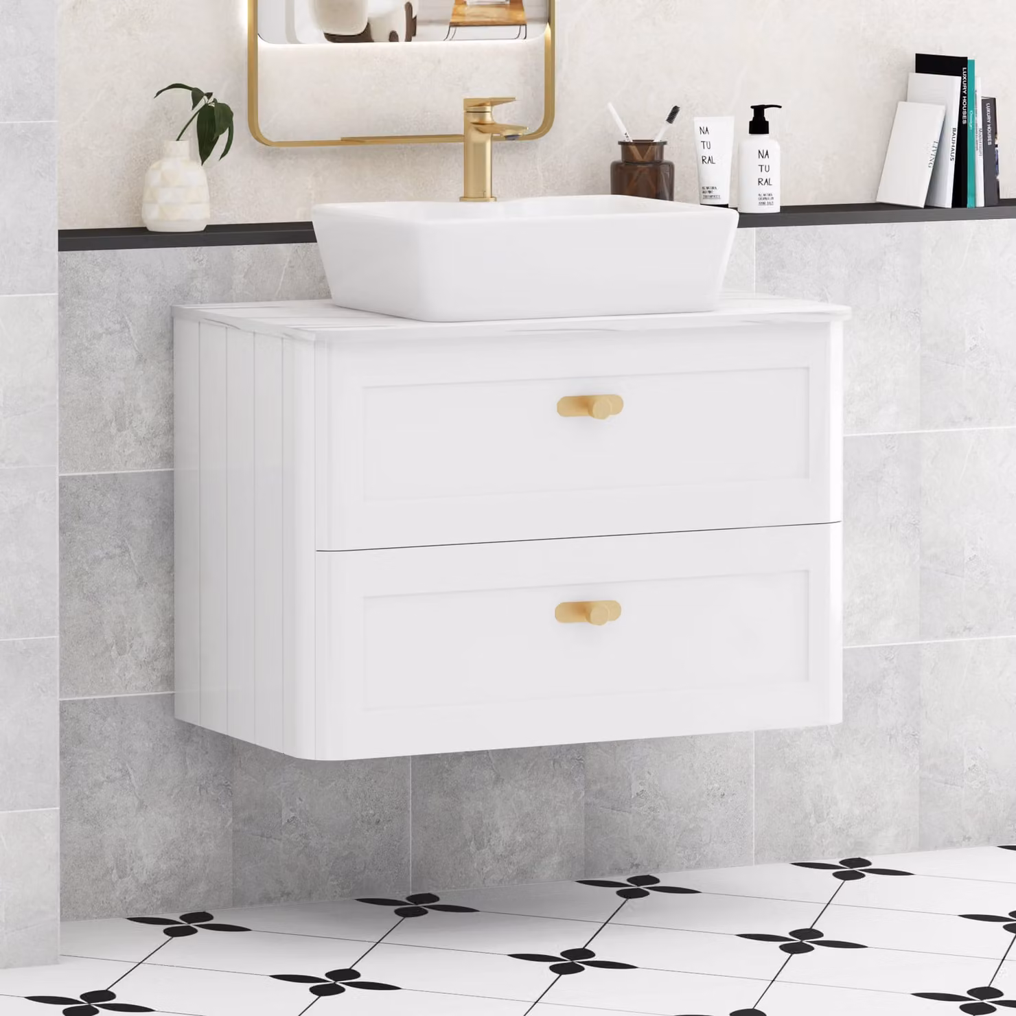 Royal Bathrooms Henley 800mm Gloss White Wall Hung Vanity Unit with 2 Drawers, Carrara White Worktop and Brushed Brass Knob