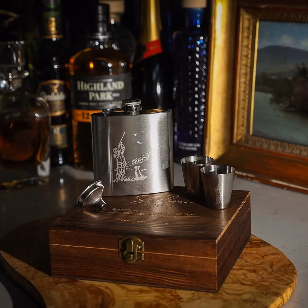 Selbrae House Stainless Steel Hip Flask and Shot Glass Set in Brown – 4