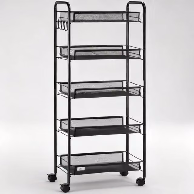 ERGOVEXA Five-Tier Metal Mesh Basket Storage Trolley with Castors, Black – 1
