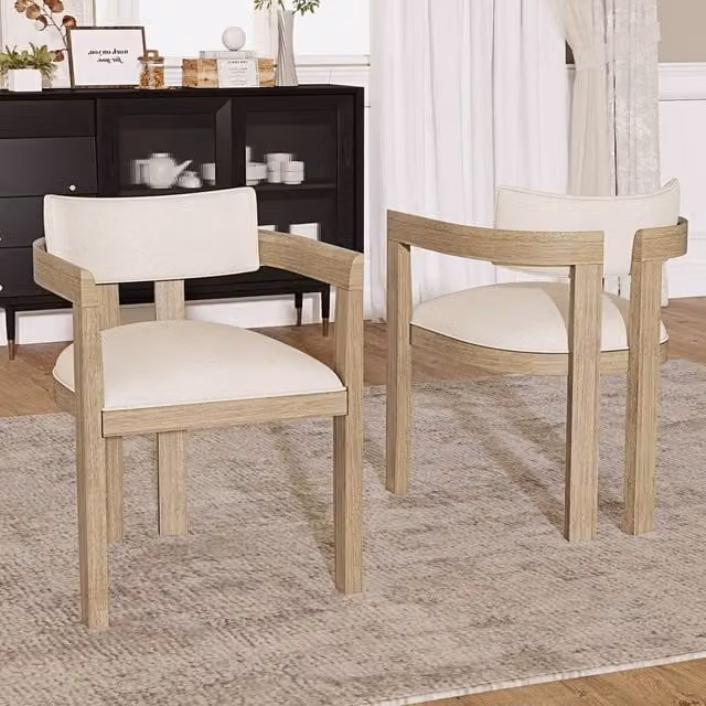 Merax Set of 2 Beige Upholstered Scandinavian Dining Chairs with Armrests and Natural Solid Wood Frame – 1