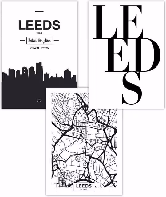 ARTZE Set of 3 Leeds Skyline Street Map City Art Posters in Black, W: 42 cm, H: 59 cm