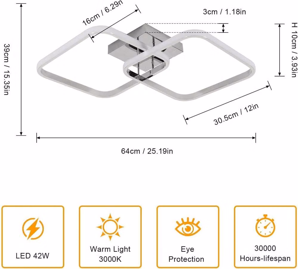 COMELY 42W Modern Square Aluminium LED Ceiling Light in Silver with Warm White 3000K – 2