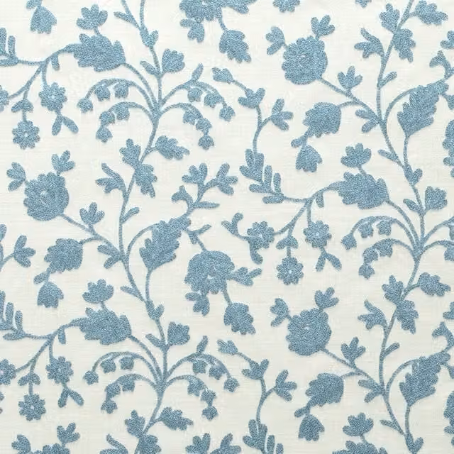 Fibre Naturelle Lucca Embroidered Floral Cotton and Linen Fabric in Sky Blue