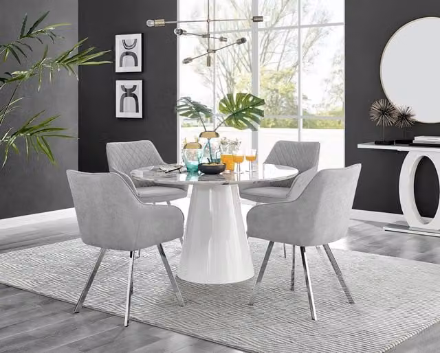 Furniturebox Palma White Marble Effect Round Dining Table and 4 Falun Silver Leg Chairs in Light Grey