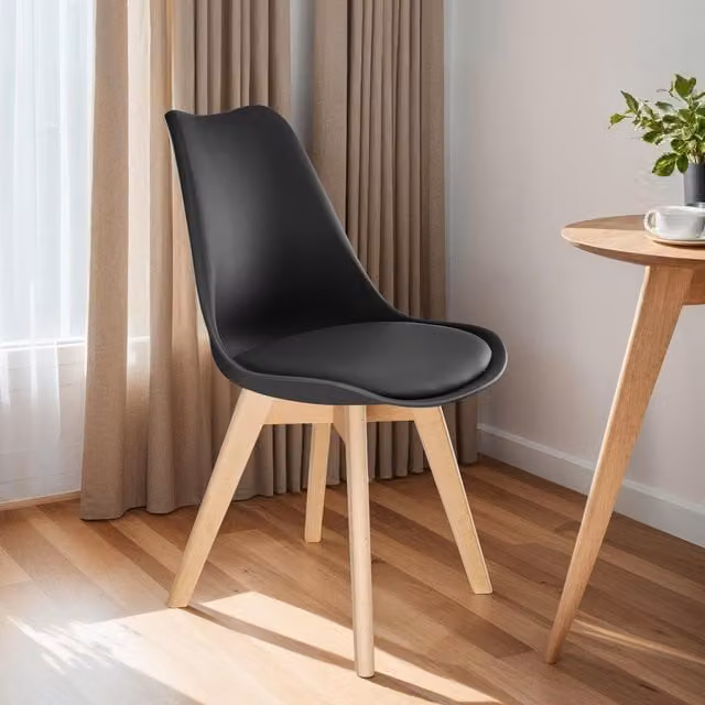tectake Modern Dining Chair with Padded Synthetic Leather Seat and Wooden Legs, Black, Set of 6