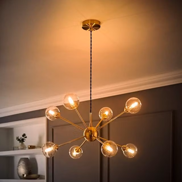 ValueLights Sputnik 8 Way Adjustable Glass Pendant Ceiling Light with Bulbs in Gold and Transparent