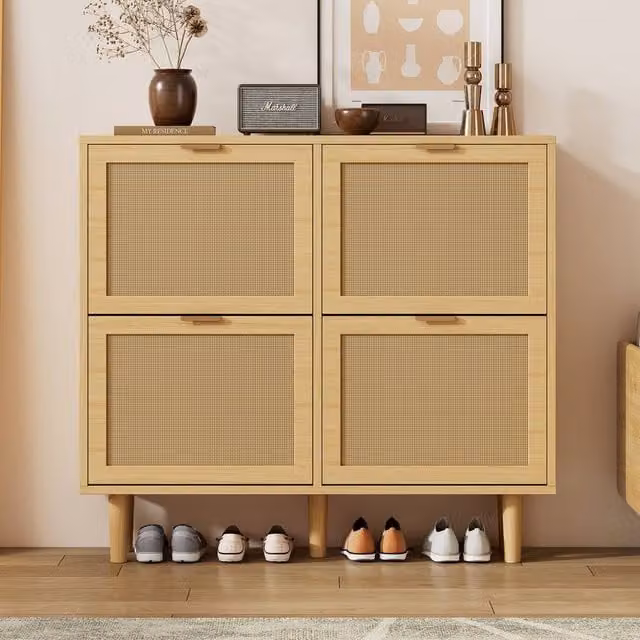 Matteo Oak Rattan Shoe Storage Cabinet with 4 Tilting Compartments in Brown and Beige