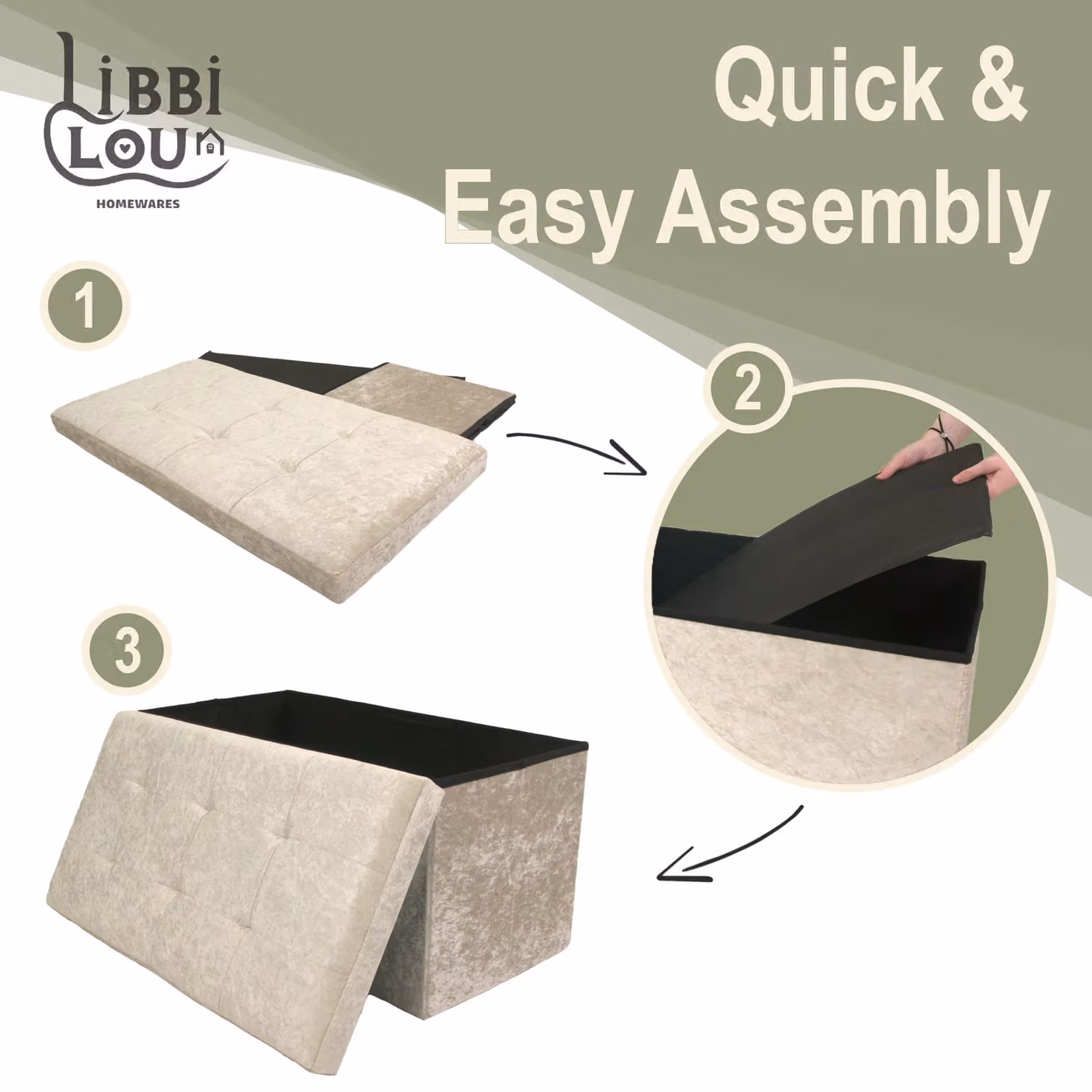 Libbi Lou Velvet Foldable Storage Ottoman Footstool, Beige, W: 76 cm, D: 38 cm, H: 38 cm – 2