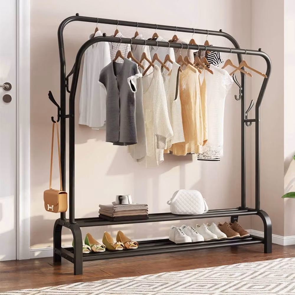 VOGREX Black Heavy Duty Double Clothes Rail with Shoe Storage Shelves and Dual Hook Matrix – 4