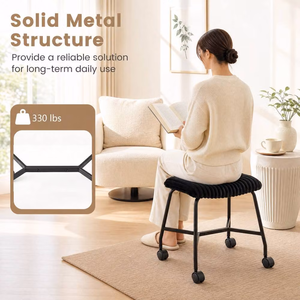 Gymax Set of 2 Upholstered Footrest Stools, Black Portable Accent Ottomans with Metal Frame and Castors – 6