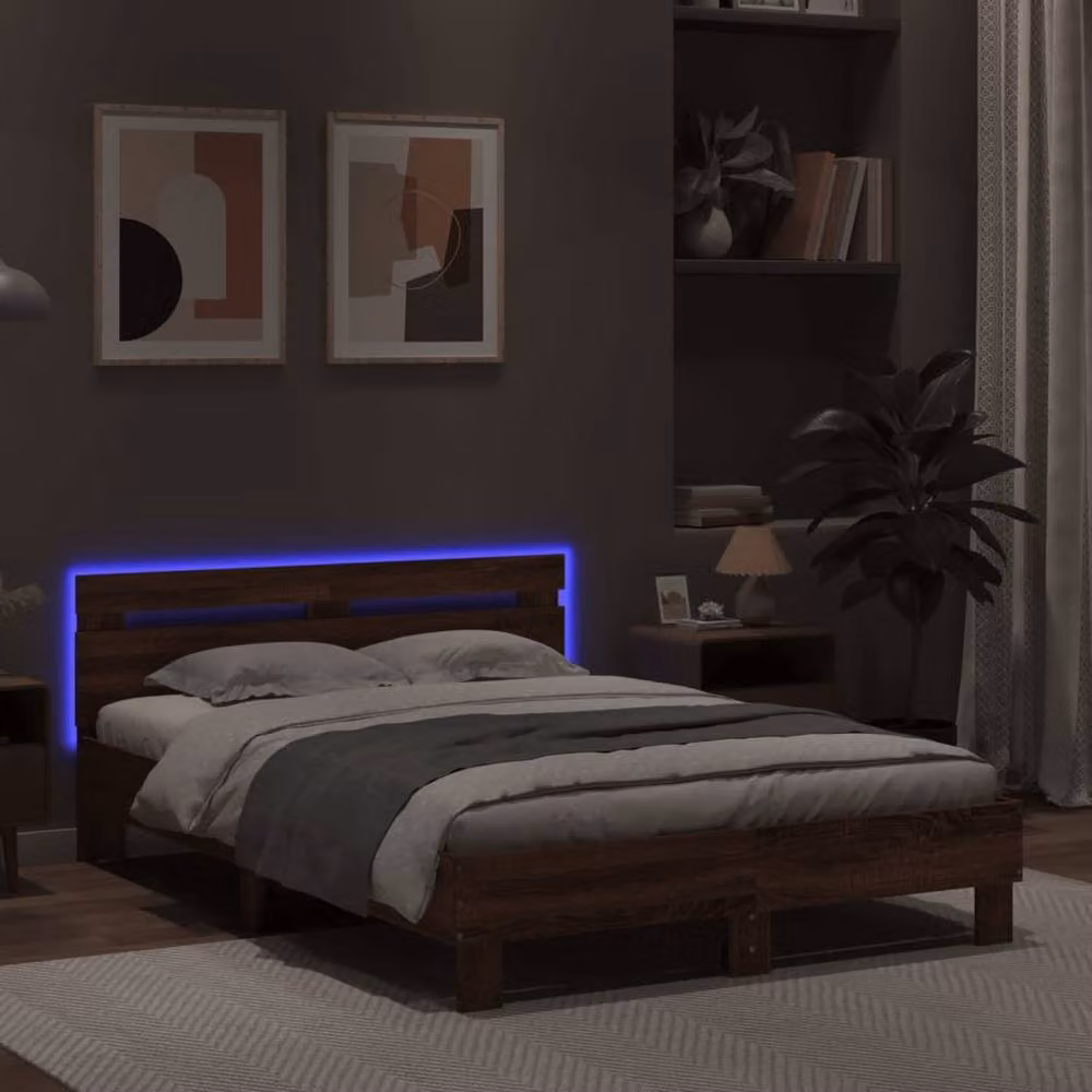 Berkfield Home Modern Double Bed Frame in Brown Oak with LED Under-Bed Lighting and USB Charging Port, W: 135 cm, L: 190 cm – 4