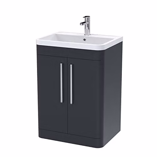 nuie Parade Modern 2 Door Bathroom Floor Standing Vanity Basin Cabinet with Polymarble Basin, Soft Black, W: 60.0 cm, D: 44.5 cm, H: 80.0 cm