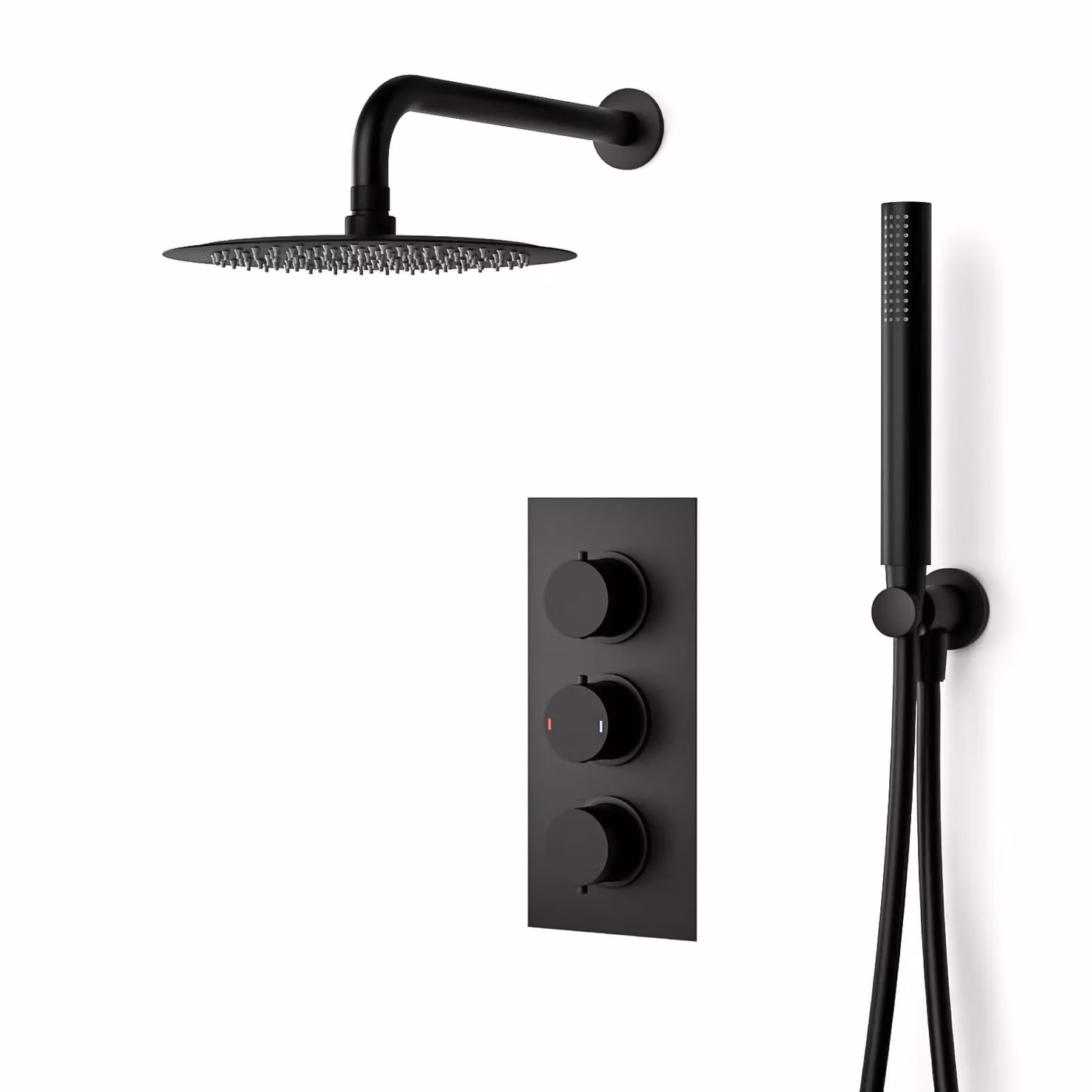 Nes Home Round Matte Black Thermostatic Concealed Shower Set with Overhead and Hand Held Shower – 2