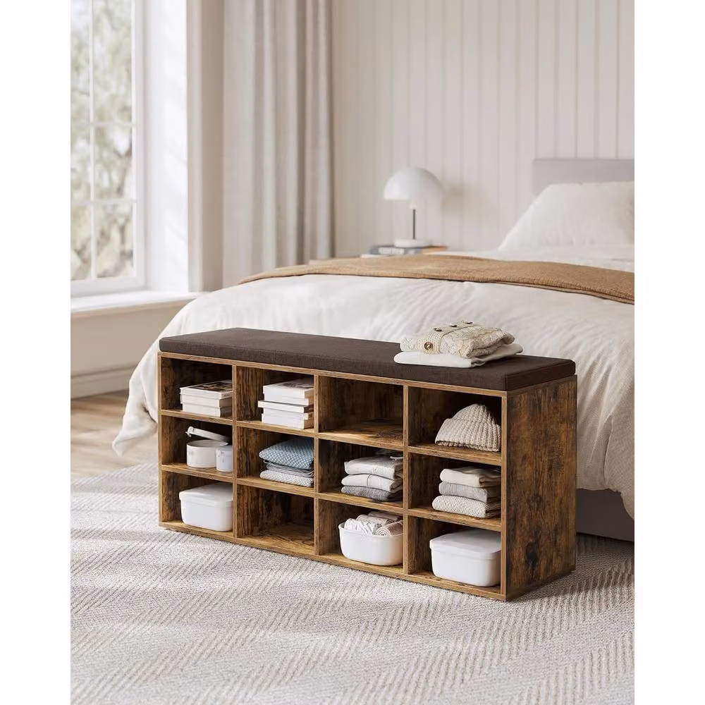 VASAGLE Brown 12 Compartment Shoe Storage Bench with Adjustable Shelves and Padded Seat – 2
