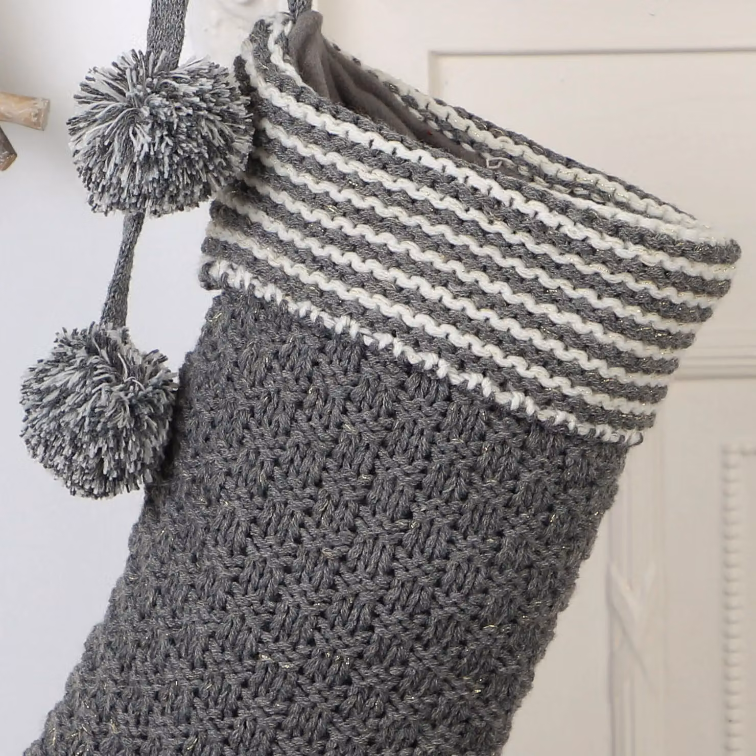 Dibor Set of 2 Grey and Gold Chunky Knit Pom Pom Christmas Stockings – 3