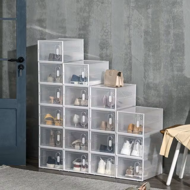 HOMCOM 18-Piece Stackable Shoe Storage Cabinet, White and Transparent Plastic Cube Organiser, W/D/H: 35 x 19 x 35 cm – 1