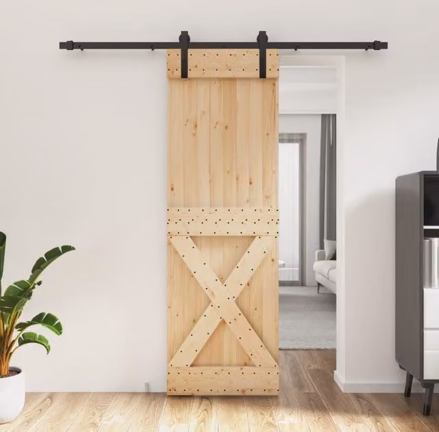 Berkfield Home Modern Sliding Door with Hardware Set in Brown Solid Pine Wood, W: 70 cm, H: 210 cm