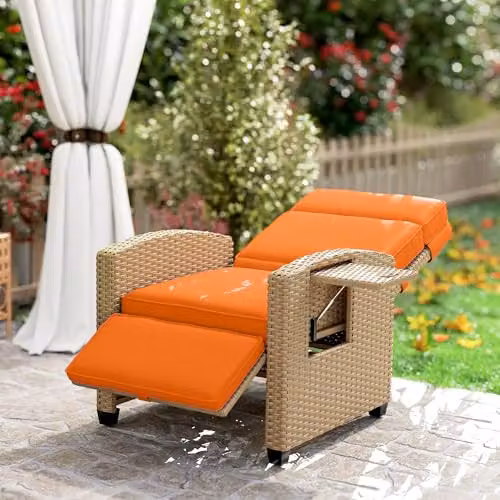 Outsunny Rattan Garden Recliner Sun Lounger with Flip Table and Cushions, Orange – 5