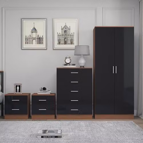Reflect Modern Bedroom Furniture Set in Black Gloss and Walnut Finish featuring 2 Door Wardrobe, 5 Drawer Tallboy Chest and 2 Bedside Tables – 2