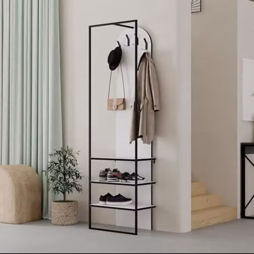 FWStyle Hall Stand and Shoe Rack in White with 4 Hooks and 3 Shelves, W/D/H: 53 x 31.7 x 180 cm – 2