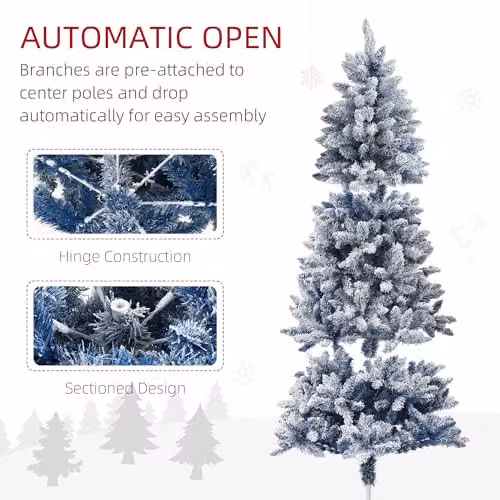 HOMCOM 6ft Blue Flocked Artificial Christmas Tree with Snow Frosted Tips – 4